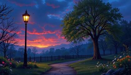 As darkness falls, the streetlamp's light beckons passersby to follow the path and explore the park's hidden wonders.