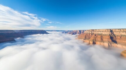 Breathtaking View of Grand Canyon with Mist and Blue Sky Above