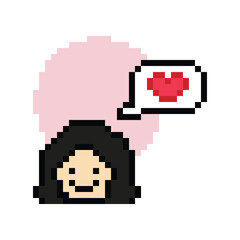 Obraz premium Cute pixel cartoon 8bit character woman lady feel love happy happiness heart emotion decoration in love 8 bit female girl happy favorite like mood game isolated PNG vector.