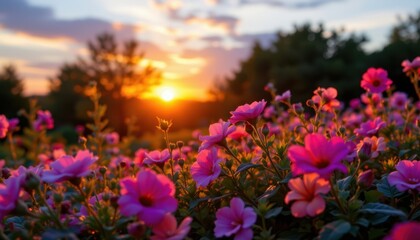 Obraz premium The vibrant hues of the flowers delicately embrace the setting sun, creating a picturesque scene.