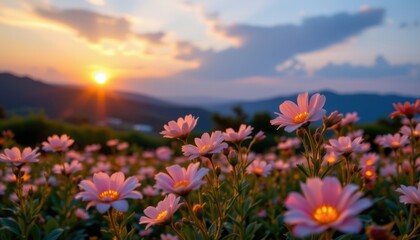 Fototapeta premium Each flower seems to glow with its own inner light, enhancing the overall radiance of the sunset framed scene.