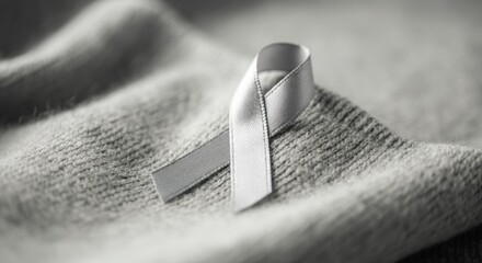 Silver awareness ribbon on gray fabric background signifying mental health