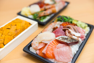 Japanese sashimi take away with seafood varieties