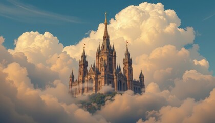 The majestic structure sits high above in the sky, surrounded by billowing clouds that seem to dance around its towers.