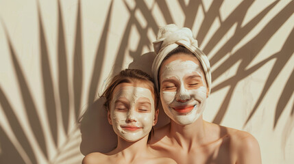 portrait of mother and daughter wearing a mud clay face mask on a beige background with soft tropical leaf shadows, natural skincare routine