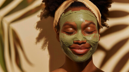 portrait of dark skinned woman wearing a green mud clay face mask on a beige background with soft tropical leaf shadows, natural skincare routine