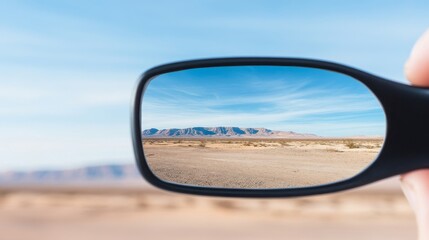 Fototapeta premium Reflection of Desert Landscape in Car Side Mirror in Clear Daylight