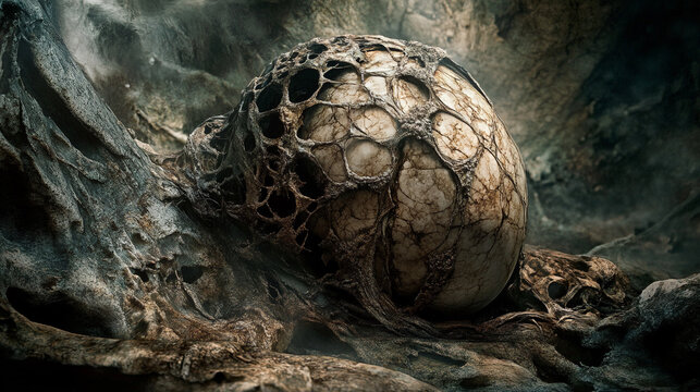 A strange organic sphere with a web like structure resting on a rocky surface in a dark environment