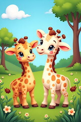 Naklejka premium Two adorable giraffes with soft fluffy 