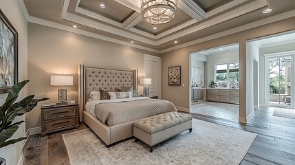 Obraz premium Luxurious Beige Master Bedroom Interior Design with Tufted Bed Ottoman and Coffered Ceiling