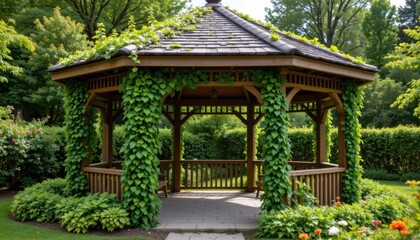 A lush green ivy climbs up the wooden pillars of the gazebo, creating a natural and enchanting backdrop.