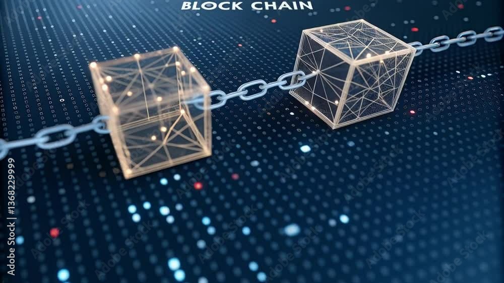 Poster Two wireframe cubes connected by a chain on a digital background with block chain text above them
