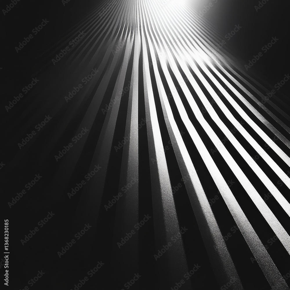 Poster Black and White Abstract of Parallel Lines Converging with Shining Light - Modern and Minimalist Visual