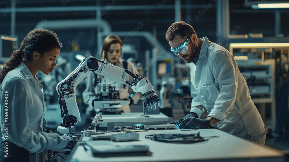 Poster scientists working with robotic arm in laboratory setting with advanced technology visible nearby