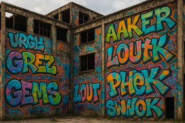 Colorful Urban Graffiti Art on Abandoned Building Wall