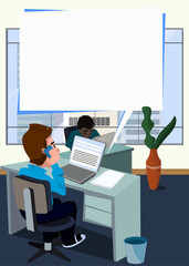 Corporate office with two professionals working and a received email - blank space to insert text