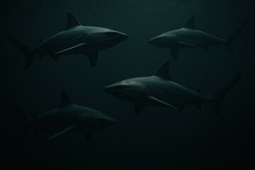 Group of Sharks Swimming Underwater in Dark Ocean Environment