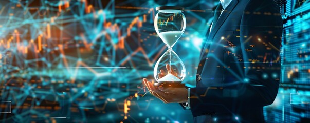 Businessman holding hourglass with flowing sand against stock market graph background concept for time and business