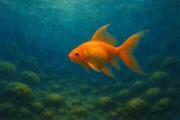 Fototapeta premium Vibrant Orange Goldfish Swimming in Clear Aquatic Environment