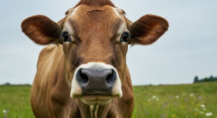 Close-up of brown cow in green field