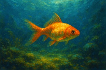 Fototapeta premium Vibrant Orange Goldfish Swimming in a Colorful Underwater Scene