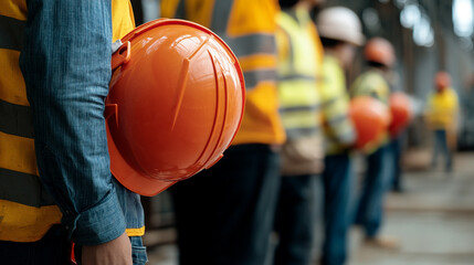 Naklejka premium A group of construction workers standing in a line holding their safety helmets in their hands closely viewed