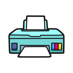 blue printer cartoon filled with paper facing forward