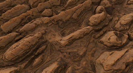 Detailed brown rock formations displaying geological features and textures