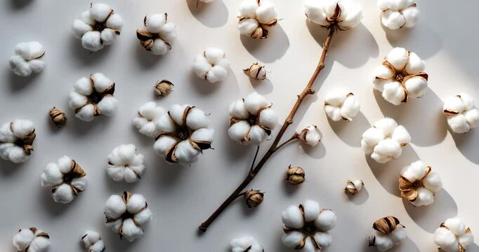 Cotton flower branch detached on a white background. Aerial perspective.