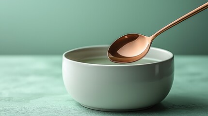 Rose gold ladle in a modern white soup pot on a mint green background