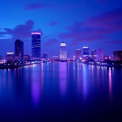 Fototapeta premium Night Lights of the City: A Stunning Skyline Reflected in Tranquil Water