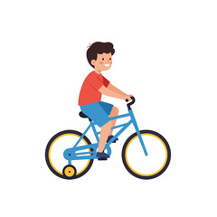 Obraz premium Boy riding bicycle in playful style with bright colors and simple shapes vector illustration