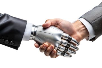 Human Handshake with Robotic Hand Isolated on Transparent Background Technology
