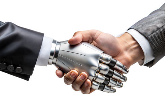 Human Handshake with Robotic Hand Isolated on Transparent Background Technology