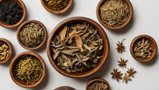  top-down view of dried Ayurvedic herbs like Triphala, Mulethi (Licorice), and Haritaki, carefully arranged in wooden bowls on a white background for a clean, modern look