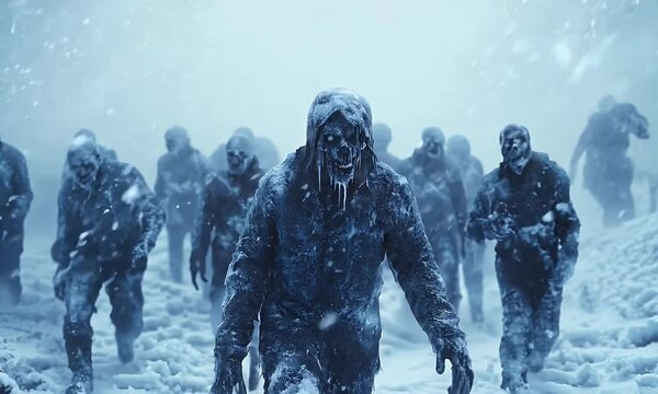 Frozen zombies trudging through a blizzard