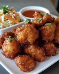 The world's most popular chicken dish: crispy, golden fried chicken served on a pristine white plate.