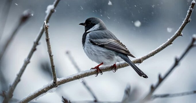 A small gray junco rests on a branch covered with frost in a snowy setting.