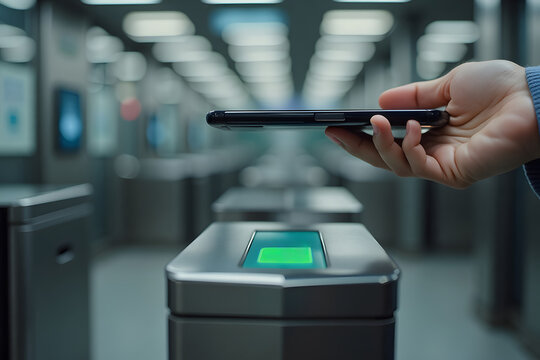 Person uses smartphone for contactless payment at subway turnstile