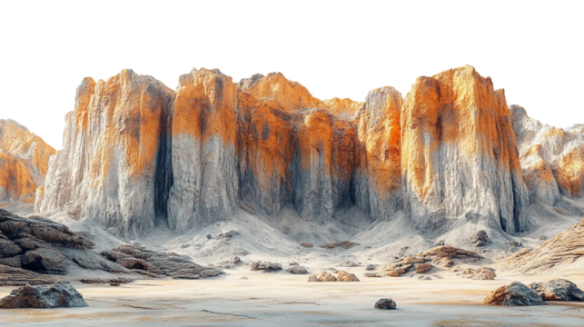 Rugged rocky cliffs and deep valleys isolated on white background to emphasize their natural grandeur and intricate textures. PNG file