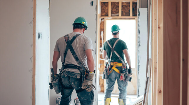 Two construction workers wearing hard hats and tool belts walking through a building under construction