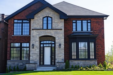 Contemporary residential architecture featuring a red brick facade and large windows, showcasing an elegant front entryway and manicured lawn in bright daylight