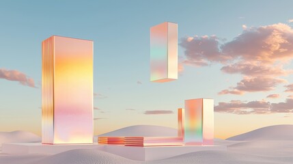 Abstract Geometric Structures in a Surreal Dreamscape with Sunset Sky and Clouds