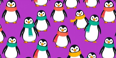 Adorable penguins wearing colorful scarves, repeating seamlessly on a vibrant purple background, wallpaper, paper
