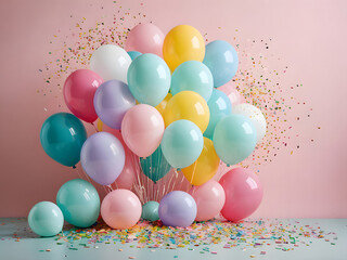 Colorful Assortment of Pastel Balloons Against Soft Pink Background with Confetti