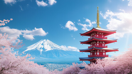 The iconic red Chureito pagoda stands majestically on a hill, snow-capped Mount Fuji towers in the distance, cherry blossom trees bloom around the pagoda with pink petals blowing in the wind
