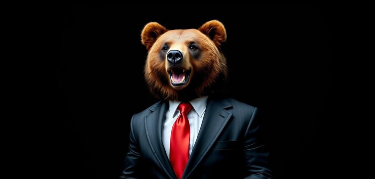 Bear in business suit and red tie, black background, power, graphic