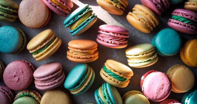 Full frame photograph of numerous vibrant macaroons viewed from directly above. banner, background
