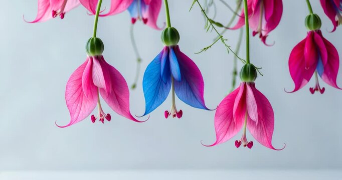 Fuchsia blooms set against a white backdrop.