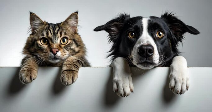Humorous pets banner. A cat and a border collie dog resting its paws on a blank surface. Isolated against the background.